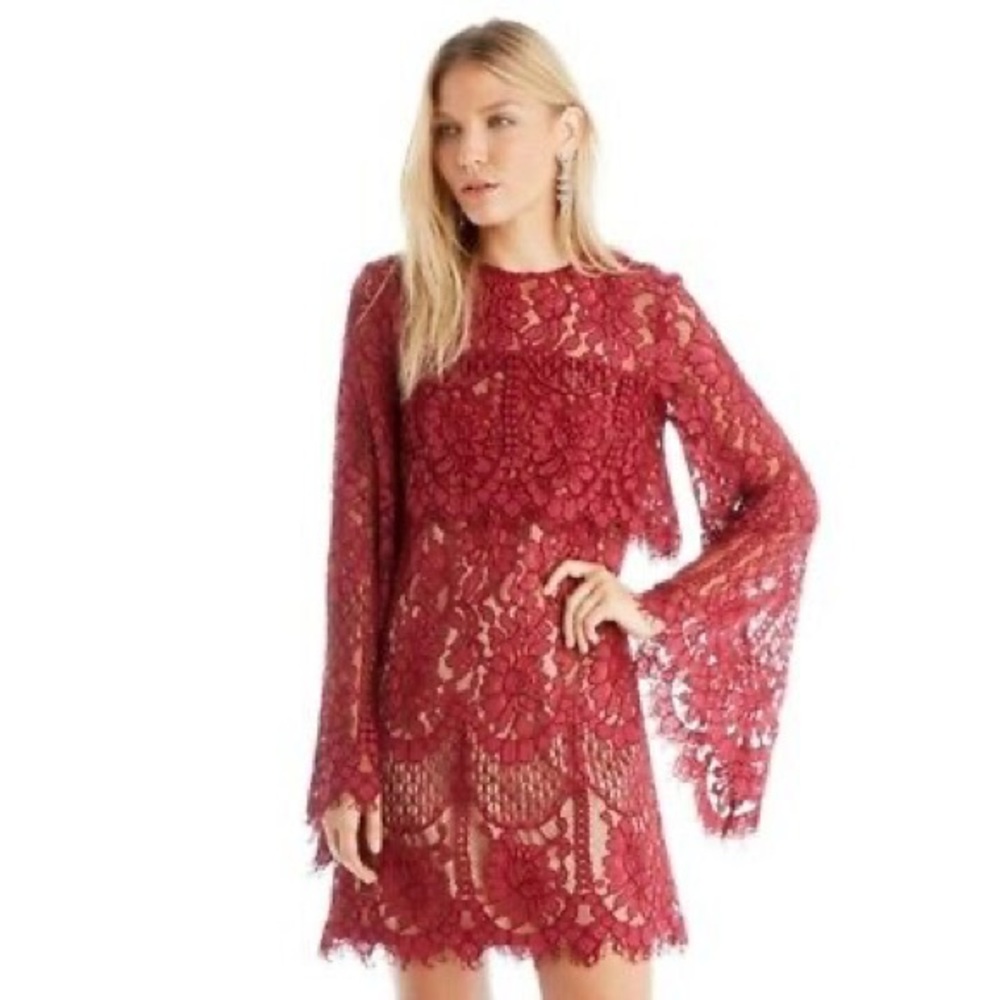 Elliatt Berry Red Lace Dress Bell Sleeves